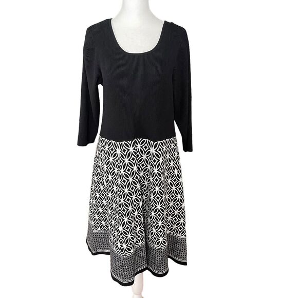 Sandra Darren Plus 1X A-line Dress Black Printed Ribbed 3/4 Sleeve Career - Picture 1 of 12